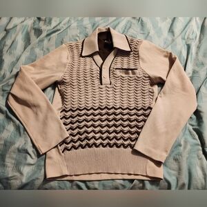 Sears 1970s Cream and Brown Patterned‎ Long Sleeve Polo Shirt Men's Size 42